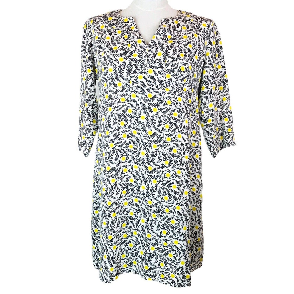 Boden 100% Linen Shift Dress. 3/4 Sleeves. Split / V Neck. Floral Gray Yellow 8P